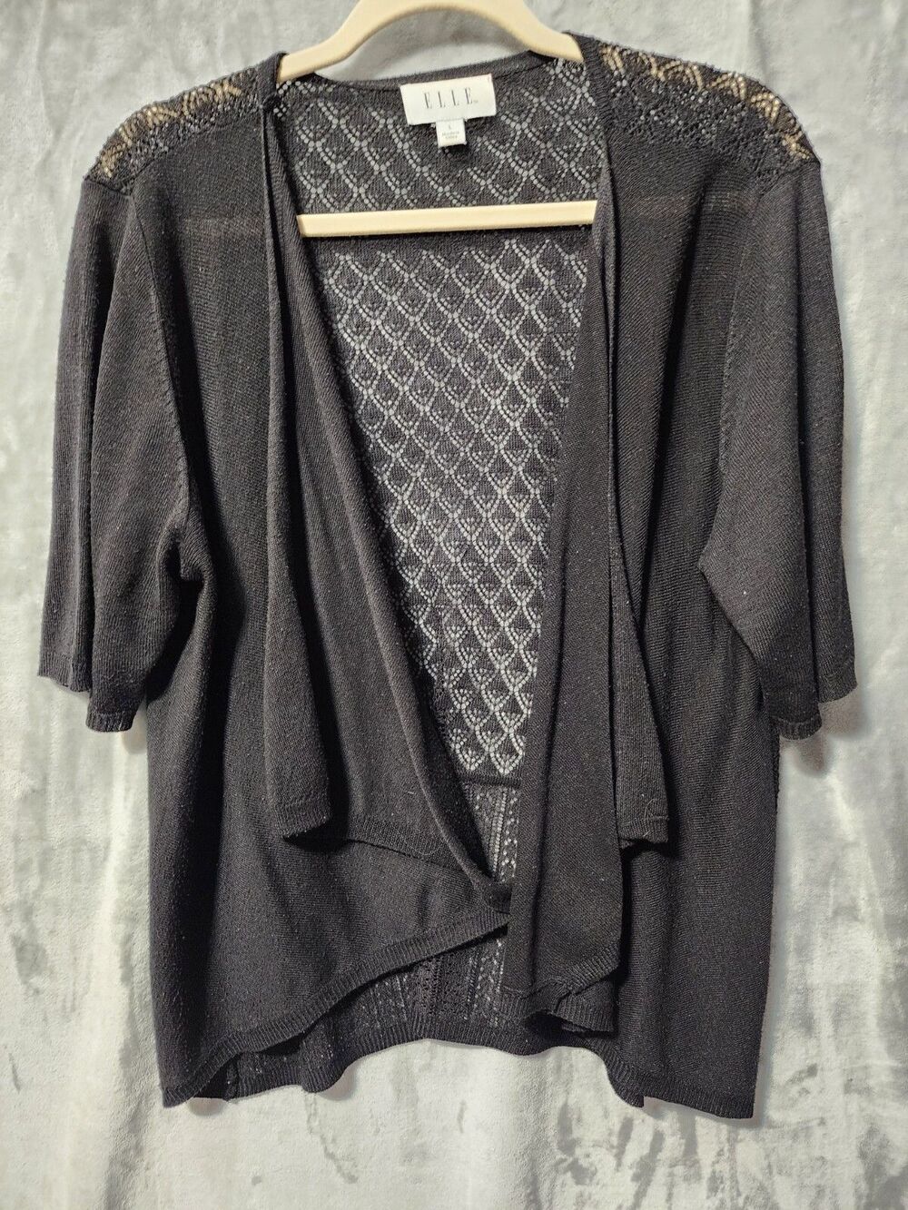 Elle Womens Bolero Cropped Sweater L Black Open Front Lightweight Stretch Lacey